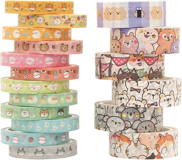 LGEGE 18 Rolls Anime Animal Washi Tape Set,7.5/15mm Wide, Kawaii Cat, Chicken, Bunny, Sheep,Dog Pattern,Masking Tape Décor for Scrapbook, DIY Craft,Scrapbooking Supplies,Gift Wrapping,Journal,Planners