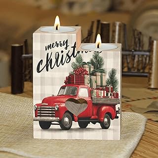 pnyoin Vintage Red Truck Candle Holders Gift for Women Wooden Heart Candlestick Personalized Christmas Birthday Graduation Friendship Gifts Home Wedding Dinning Party Decorative