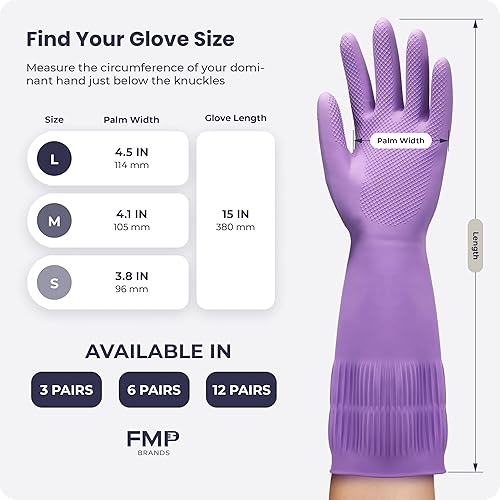 Miniatura 7 de FMP Brands 361260 pares de guantes de goma extra largos de 15 pulgadas para lavar platos, antideslizantes para limpieza, cocina, baño, jardinería