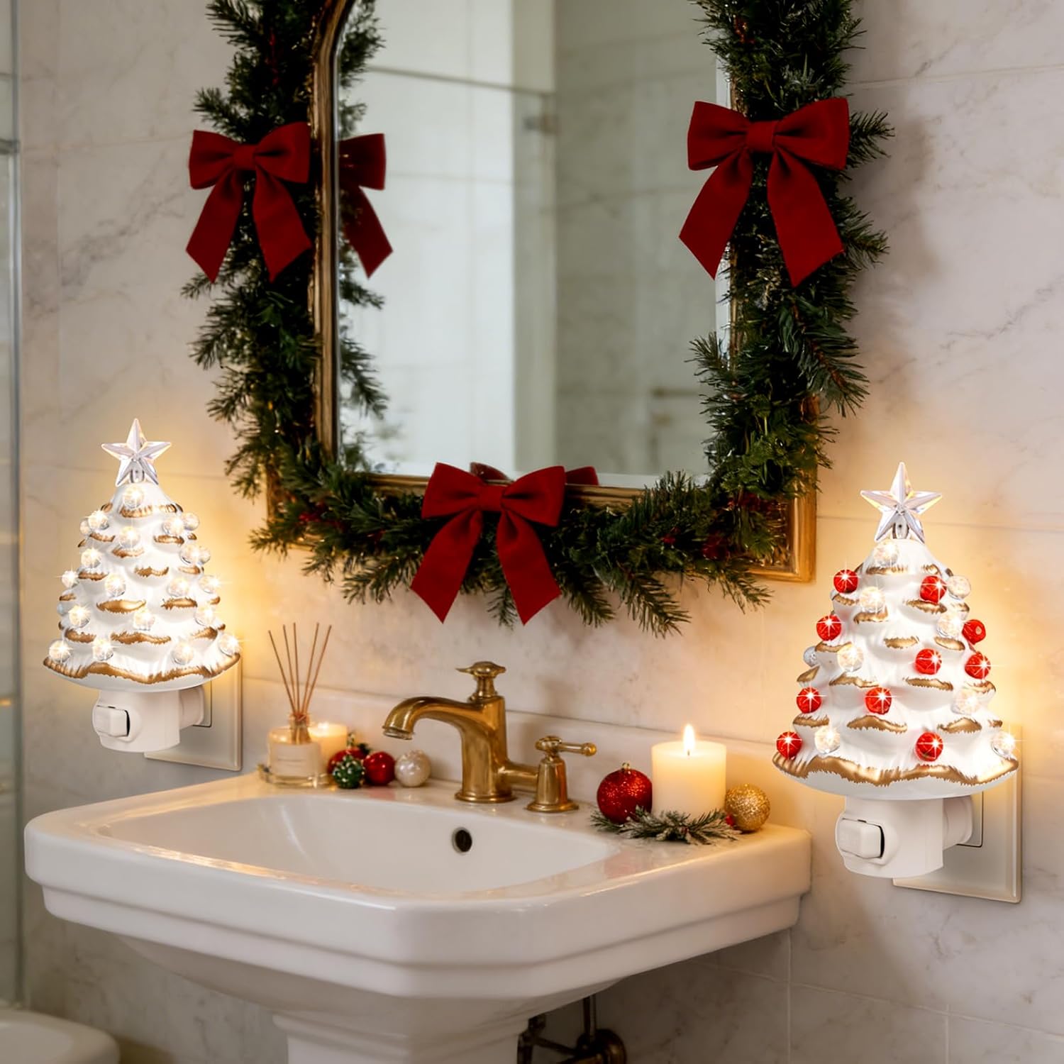 Valentines Day Gifts Ceramic Valentines Tree Night Light Plug in - 2 Pack 6.3" Christmas Nightlight with 360°Rotatable Plug,Nostalgic Christmas Night Lights for Bathroom Bedroom Living Room