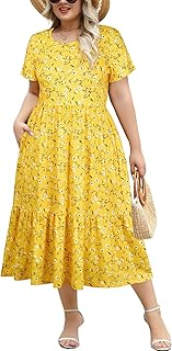 Younrui Women's Plus Size Midi Casual Dress with Pockets 1X-4X Tiered Short Sleeve Relax Fit Crewneck Summer Dresses