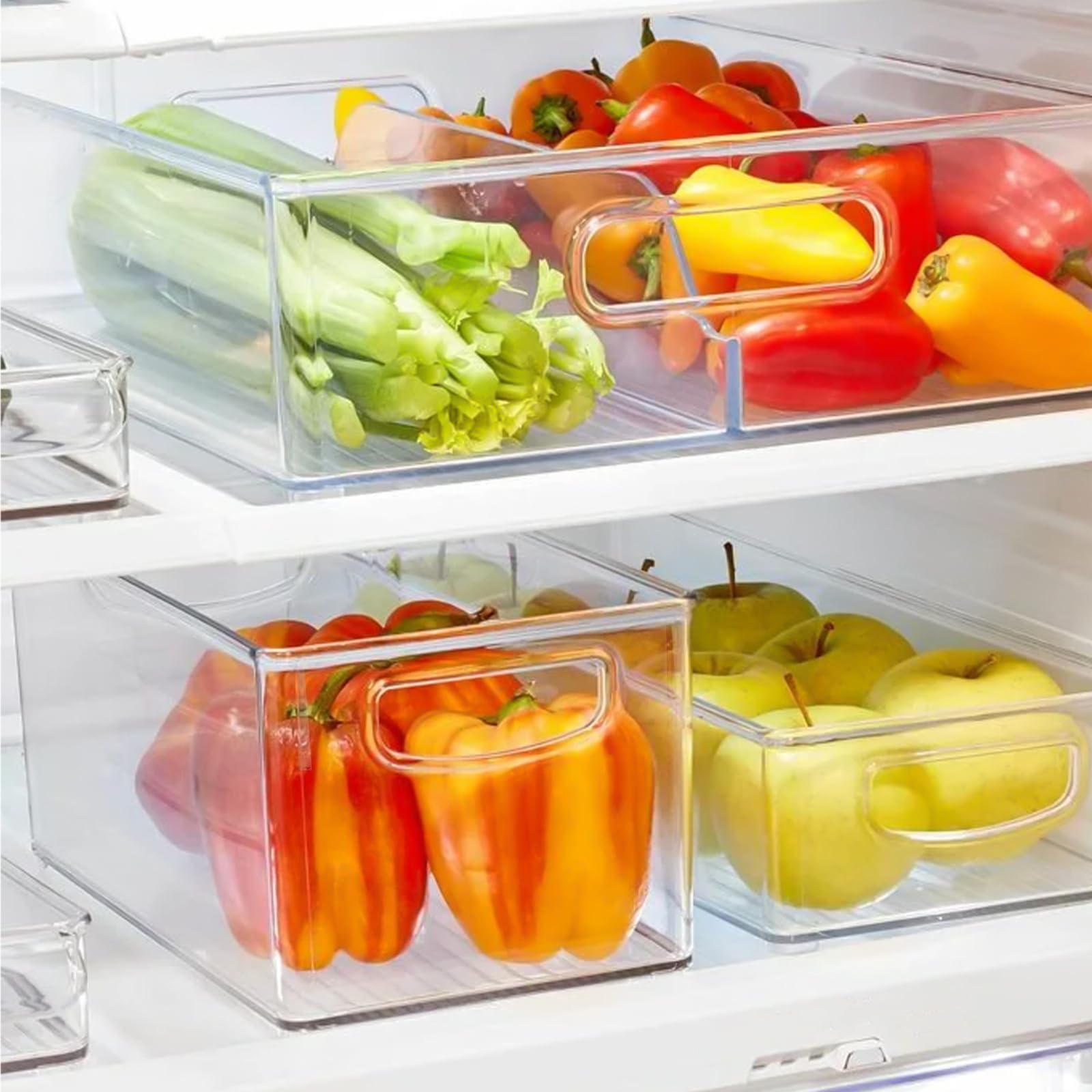 6 Organizadores para Frigorífico Apilables, Transparentes con Asas, 24,8x17,2x14 cm, Cajas de Almacenamiento PET sin BPA para Cocina, Despensa, Congelador y Armarios