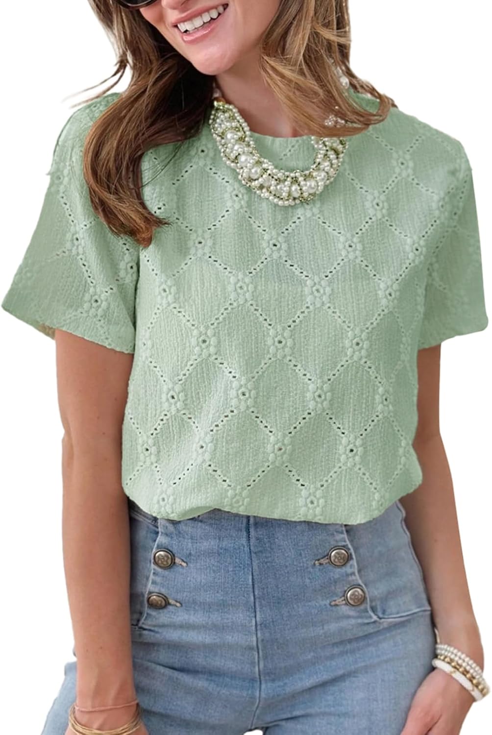 Dokotoo Women's Tops Casual Scoop Neck Short Sleeve Eyelet Embroidered Hollow Out Blouses Shirts