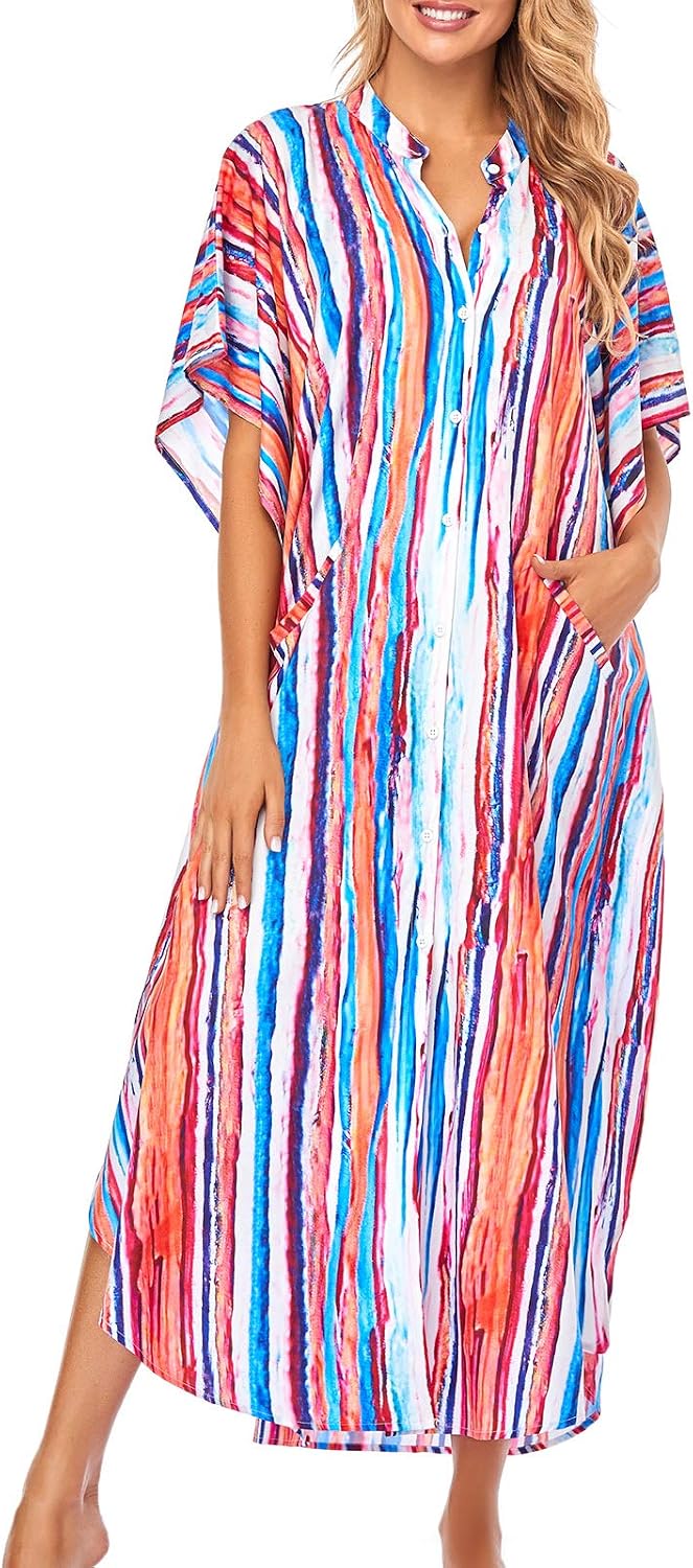 Chunoy Womens Button Down V Neck Kimono Sleeve Long Kaftan Beachwear Cover Up Maxi Dress