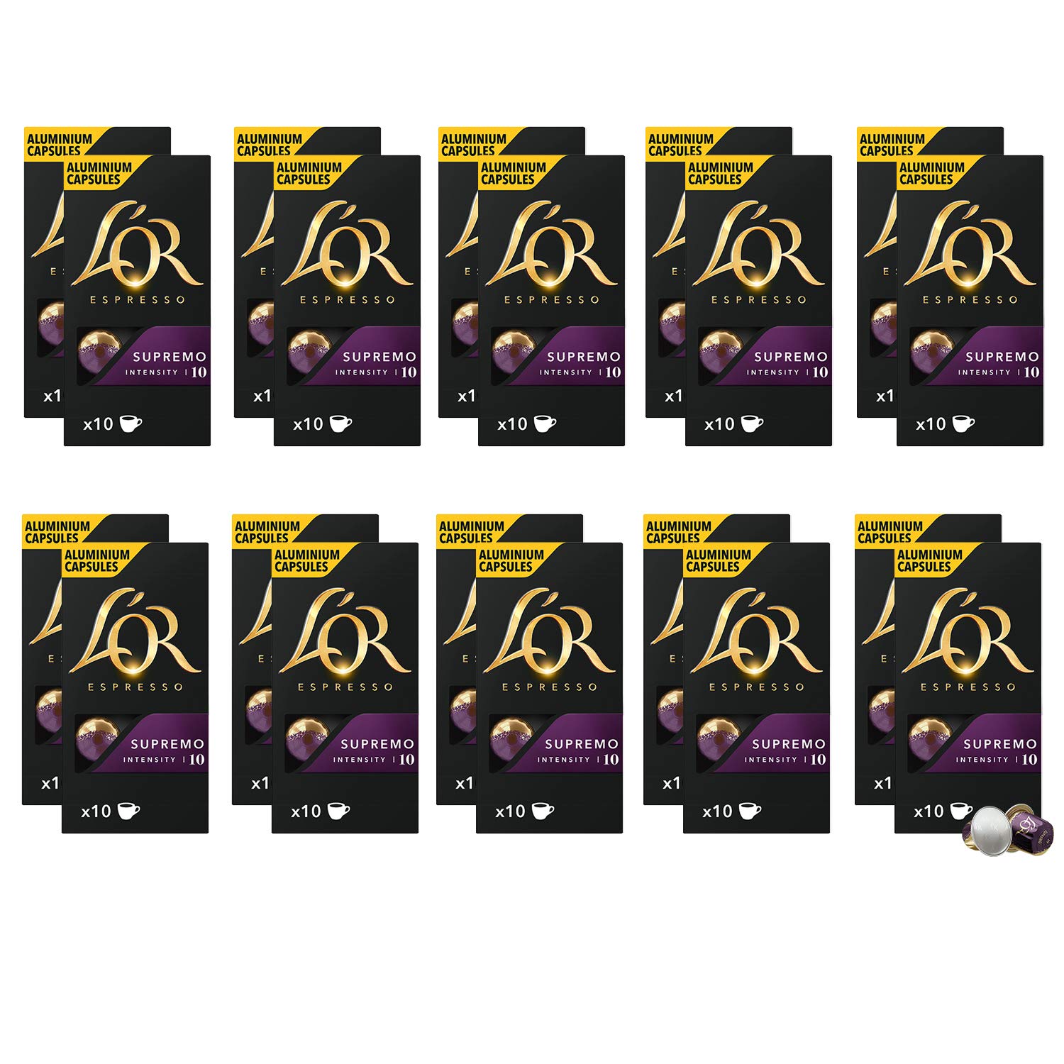 L'OREspresso Supremo - Intensity 10 - Compatible with Nespresso* Aluminium Coffee Capsules - 20 Packs of 10 Capsules (200 Drinks)