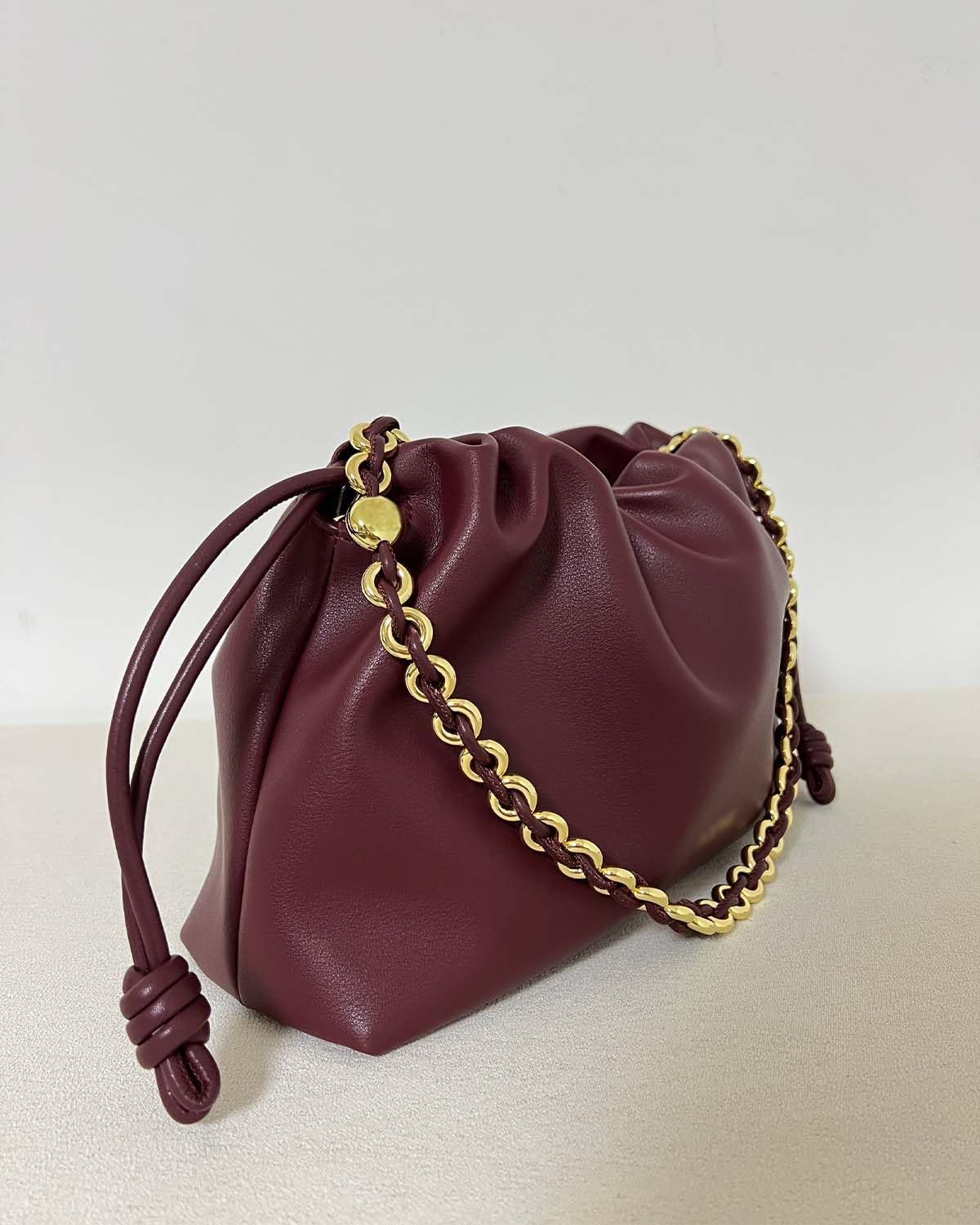 Leather Drawstring Bag for Women - Designer Shoulder Bag - Trendy Bucket Bags for Women - with Chain and Crossbody Strap