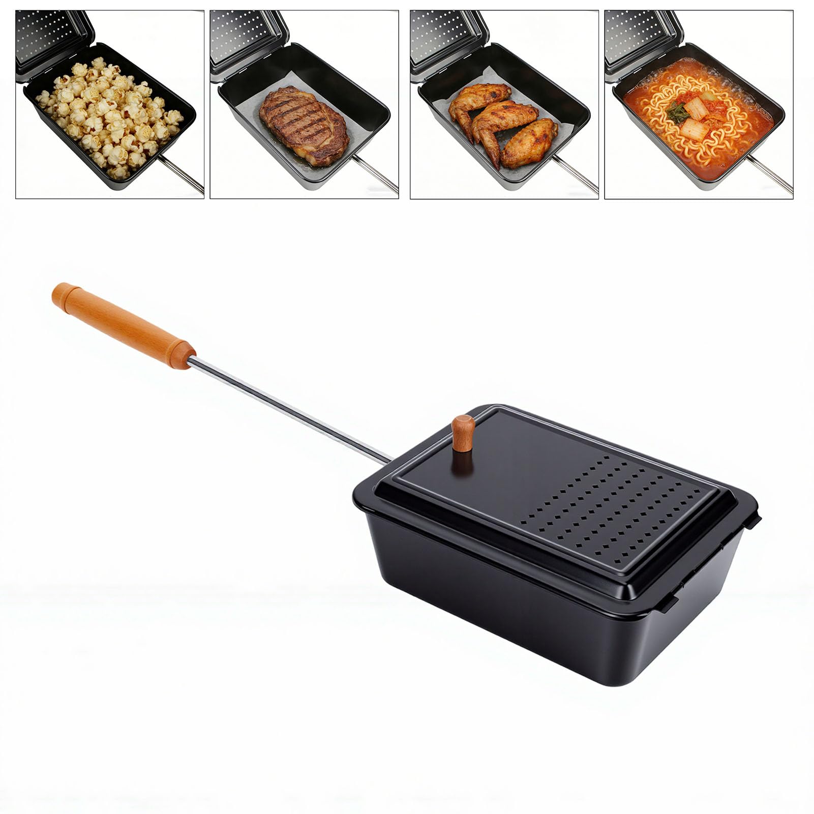 Luocute Macchina per Popcorn da Campeggio, Macchina per Popcorn Antiaderente con Manico in Legno per Casa da Campeggio All'aperto