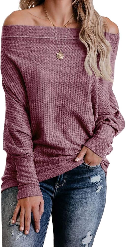 Chuanqi Womens Off Shoulder Pullover Sweater Casual Batwing Sleeve Waffle Knit Jumper Tunic Tops