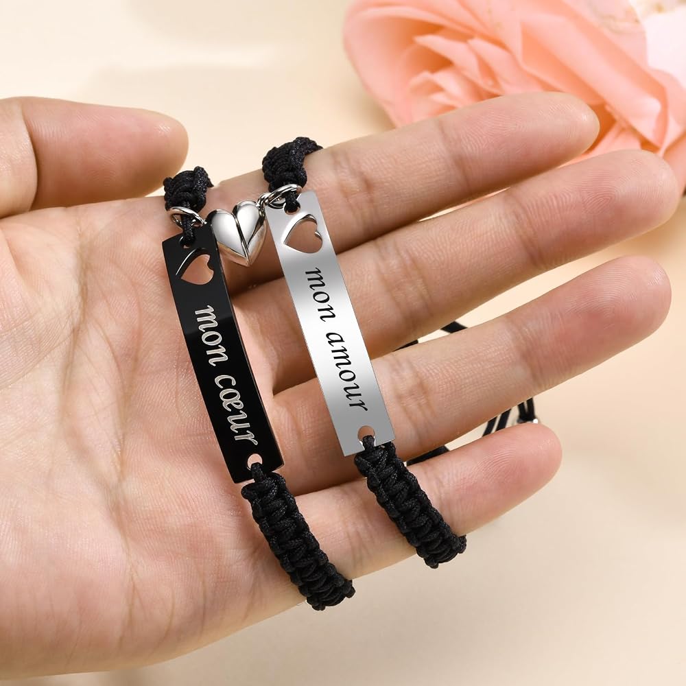 Bracciali Coppia Personalizzati Con Incisione Ti Amo – Regolabili In Acciaio Inox Con Campanella A Cuore - 2