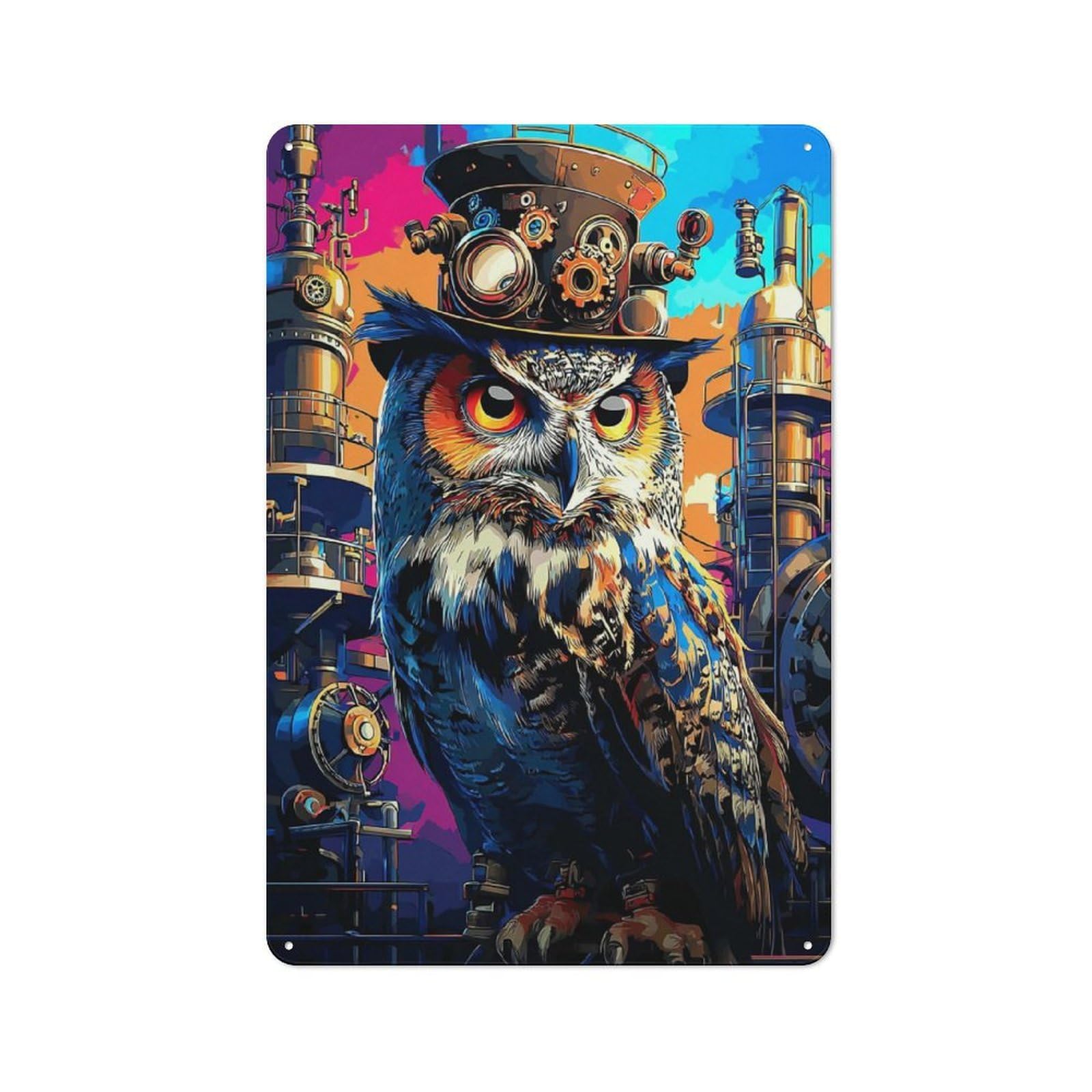 Junmoney Steampunk Owl In Industrial Setting Vintage Metal Plaque 30X20cm For Home Office Or Studio, Seasonal Metal Wall Decor For Winter Interiors