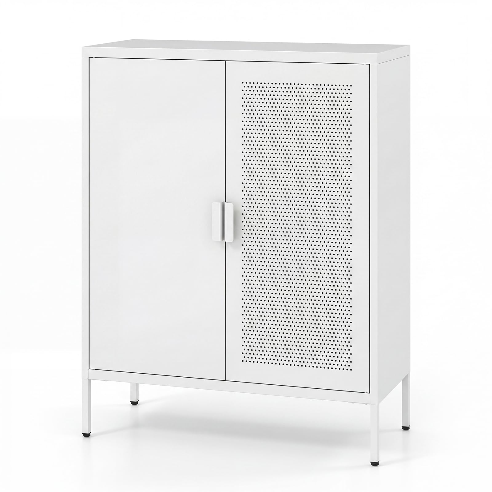 TANGZON Metal Storage Cabinet, Buffet Sideboard with Adjustable Shelves, Mesh Door, Magnetic Surface & Anti-tipping Kits, Freestanding Storage Cupboard for Kitchen, Dining Room, Home Office (White)