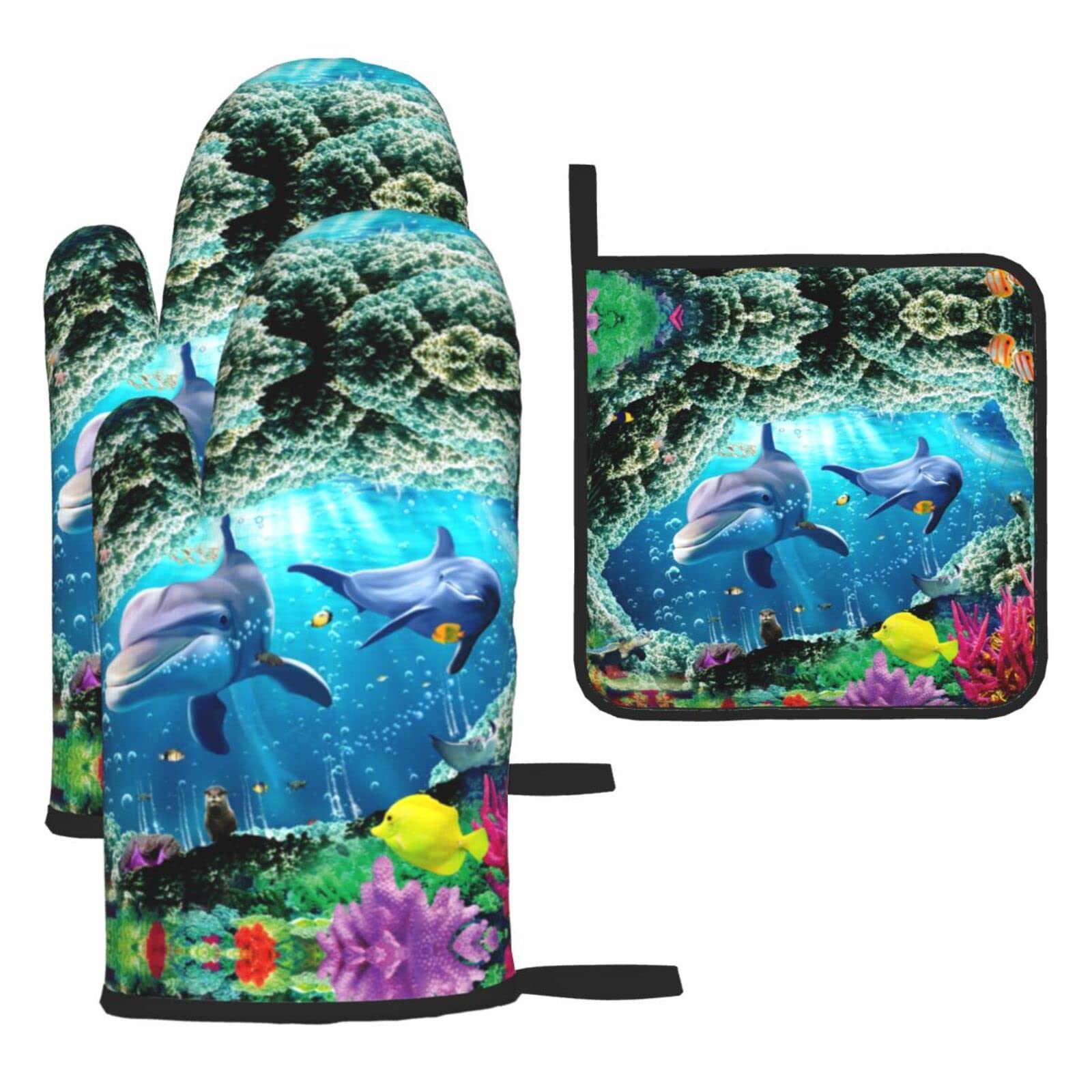 Ocean Underwater Dolphin Fish Oven Mitts and Pot Holder Kitchen Set for Grilling, Cooking, Baking, Heat Resistant