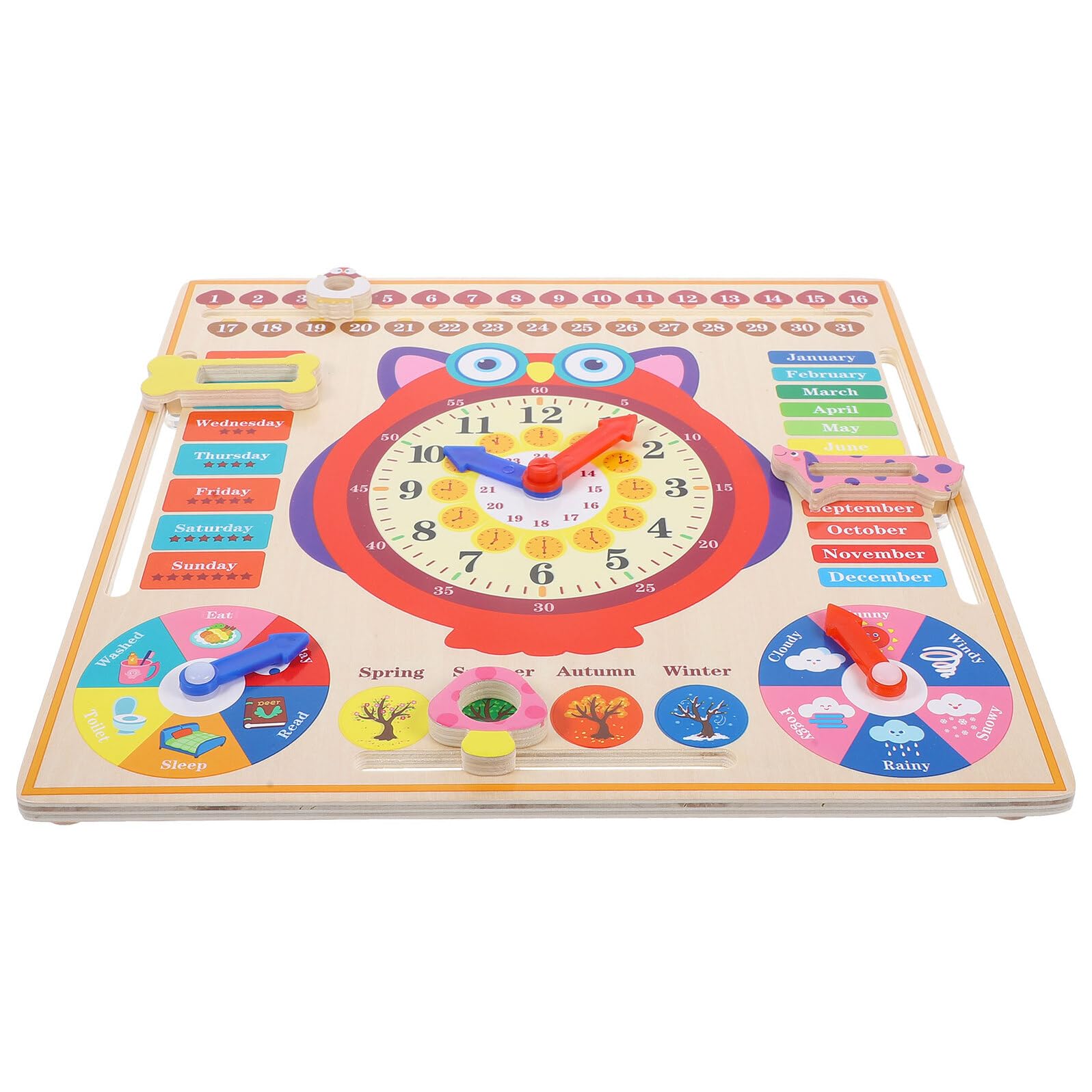 Reloj de Madera Educativo Búho para Juguete Cognitivo Multifunción para Aprender Hora Estaciones y Clima Material Natural Seguro y Duradero