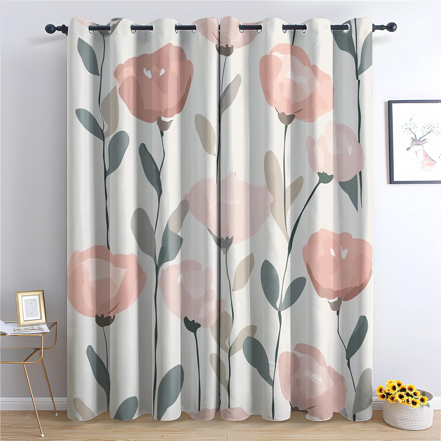Floral Blackout Curtains for Living Room Bedroom, Thermal Insulated Room Darkening Grommet Drapes, Spring Flower Botanical Window Curtains & Home Decor, 63 Inch Curtains 2 Panel Set