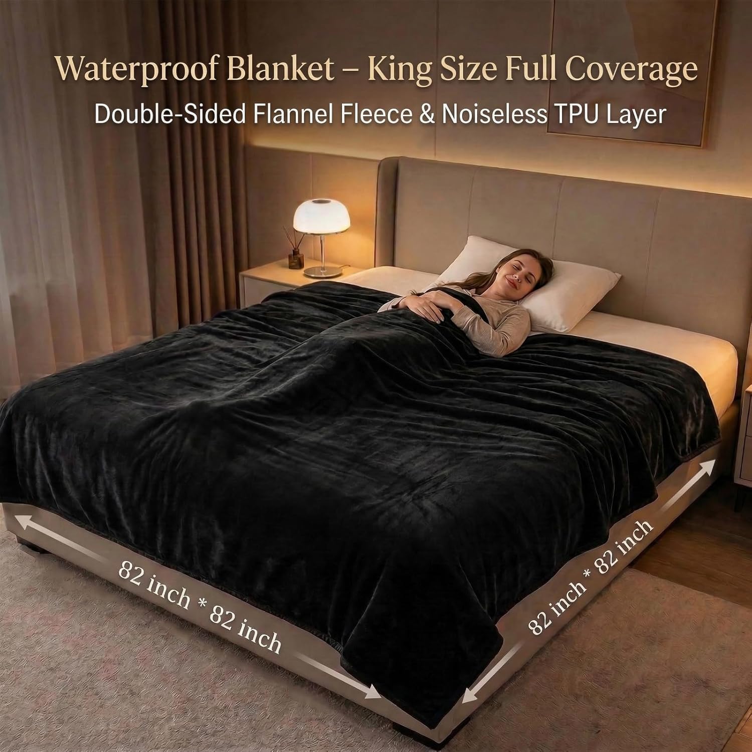 Waterproof Blanket for Bed - 82" x 82" King Size Water Proof and Stain Resistant Bed Protector for Couples, Flannel Moisture Absorbent, Machine Washable, Liquid-Resistant Throw Blanket, Black
