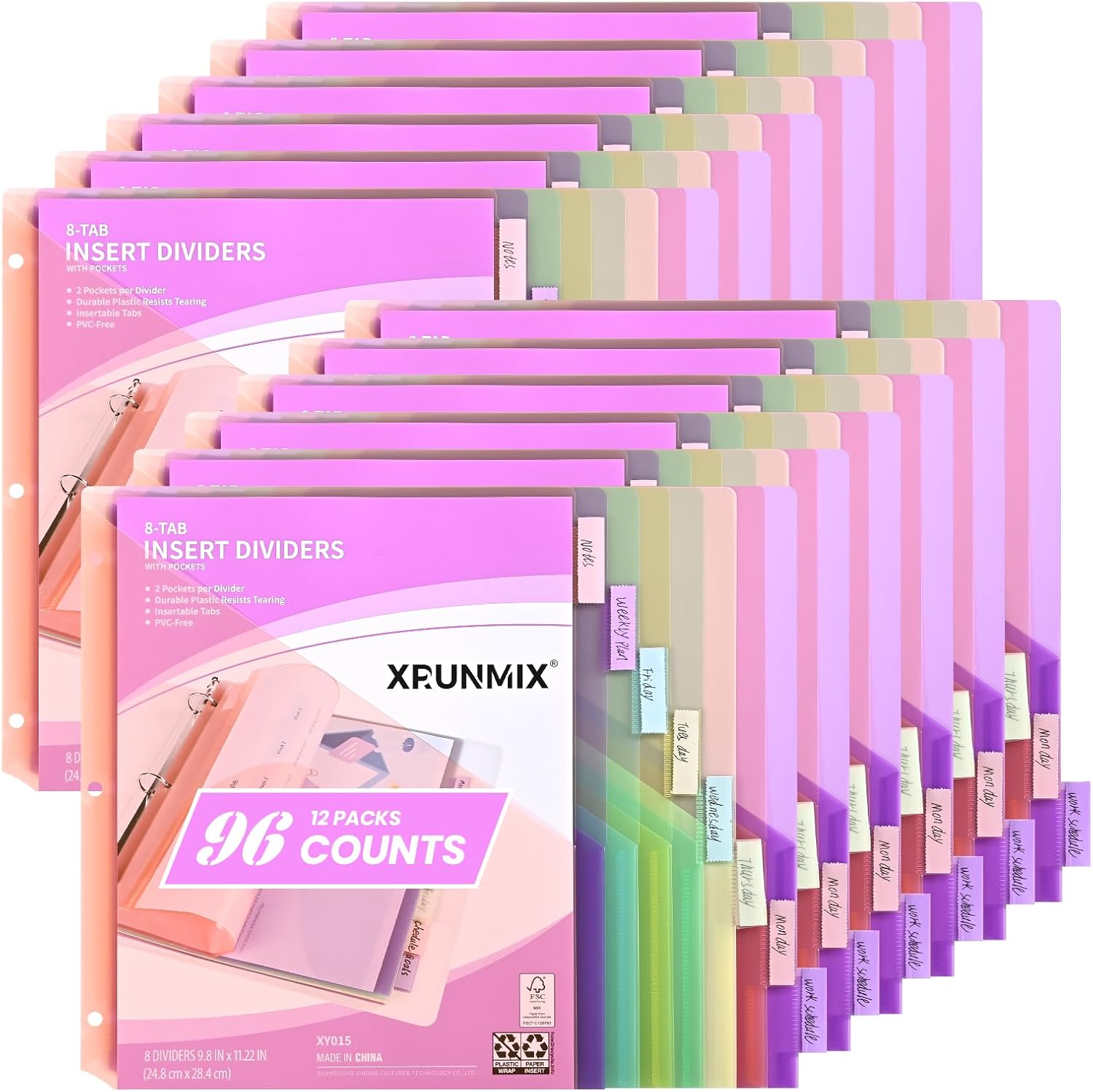 Bulk 12 Packs 8-Tab Binder Dividers with 2 Pockets, 96 Counts Binder Dividers Index for 3 Ring Binders, 8 Pastel Colors, US Letter Size (12)