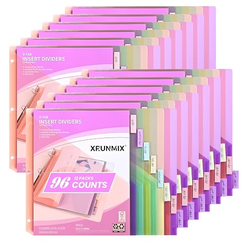 Bulk 12 Packs 8-Tab Binder Dividers with 2 Pockets, 96 Counts Binder Dividers Index for 3 Ring Binders, 8 Pastel Colors, US Letter Size (12)