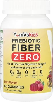 Prebiotic Fiber Zero Gummies for Kids by YumVs | Keto Sugar Free Gummy Chews for Toddlers |4g Fiber for Children Constipation Support | Natural Kosher Halal Berry Chewable 70 Count