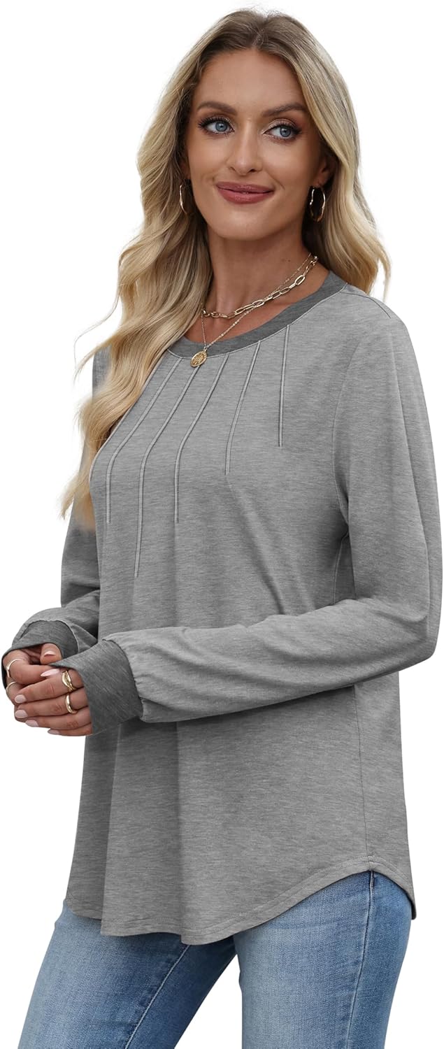 Womens Long Sleeve Tops Color Block Long Sleeve Shirts for Women Fall Fashion 2025 Crew Neck Business Casual Tops Basic Tees Clothes Grey XL - Image 4