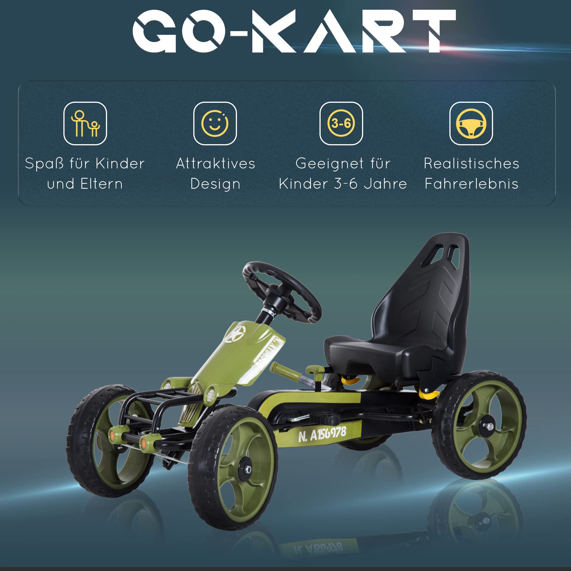 HOMCOM Go Kart mit Handbremse für Kinder 3-6 Jahren 105 x 54 x 61 cm Grün | Tretauto Tretfahrzeug, Vor- und Rückwärtsgang, Kinderfahrzeug Kettcar, Verstellbarer Sitz