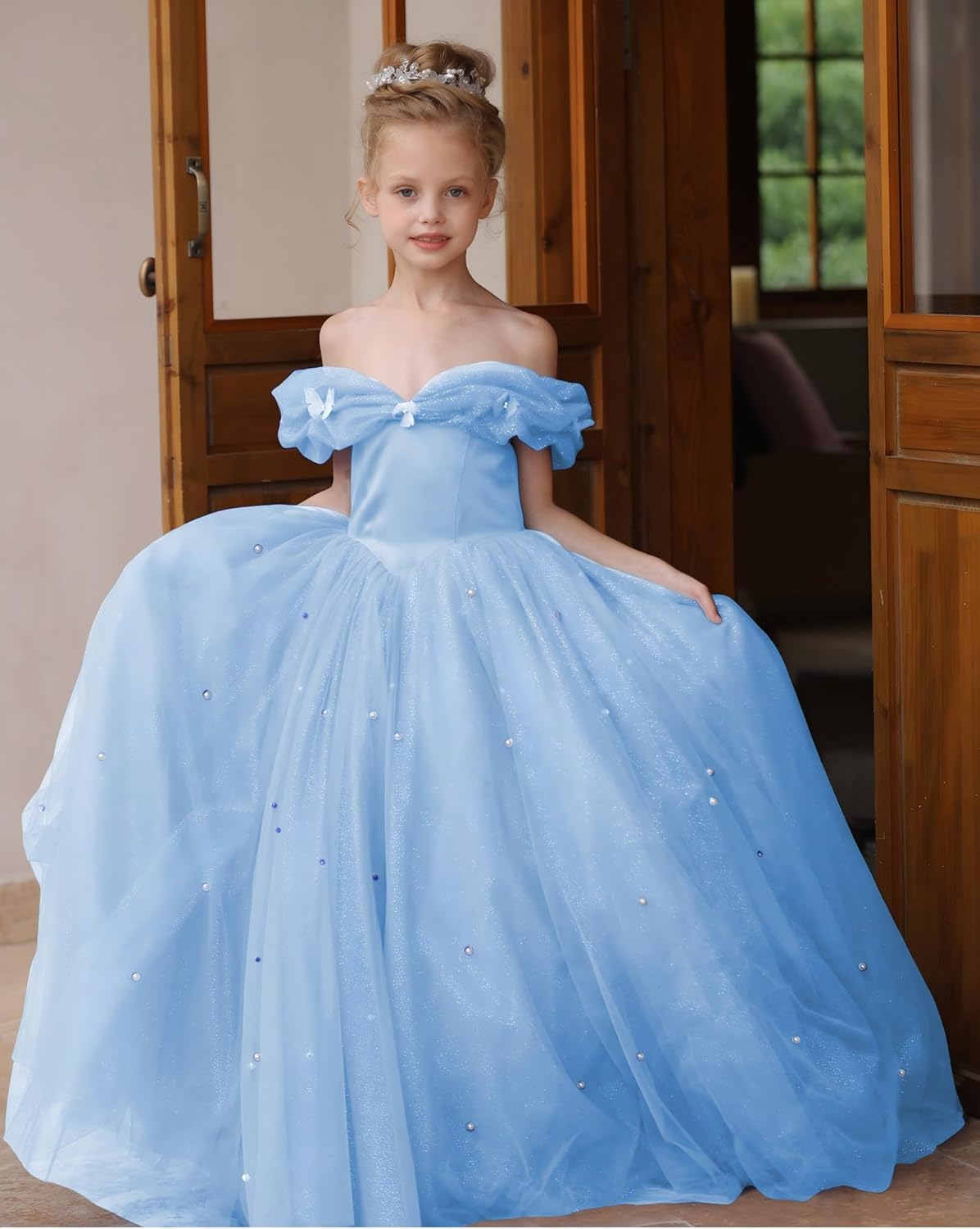 GETCUTE Off Shoulder Flower Girl Dress Elegant Puffy Tulle Pageant Gown Sparkly Pearls Formal Evening Party Dresses - Image 2