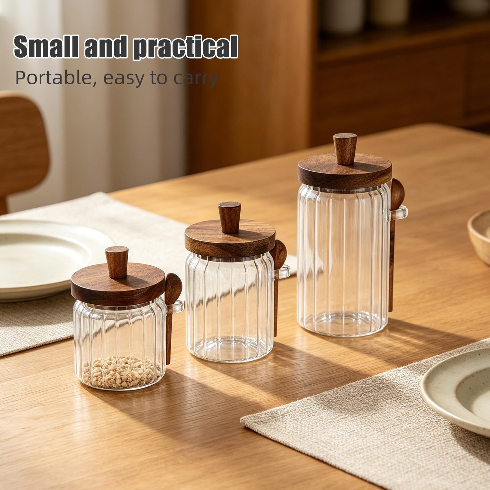 3 Set Barattolo per Spezie in Vetro Trasparente con Coperchio in Legno e Cucchiaio Integrato, Capacità 700ml, Chiusura Ermetica senza Cuciture per Conservare Spezie in Cucina