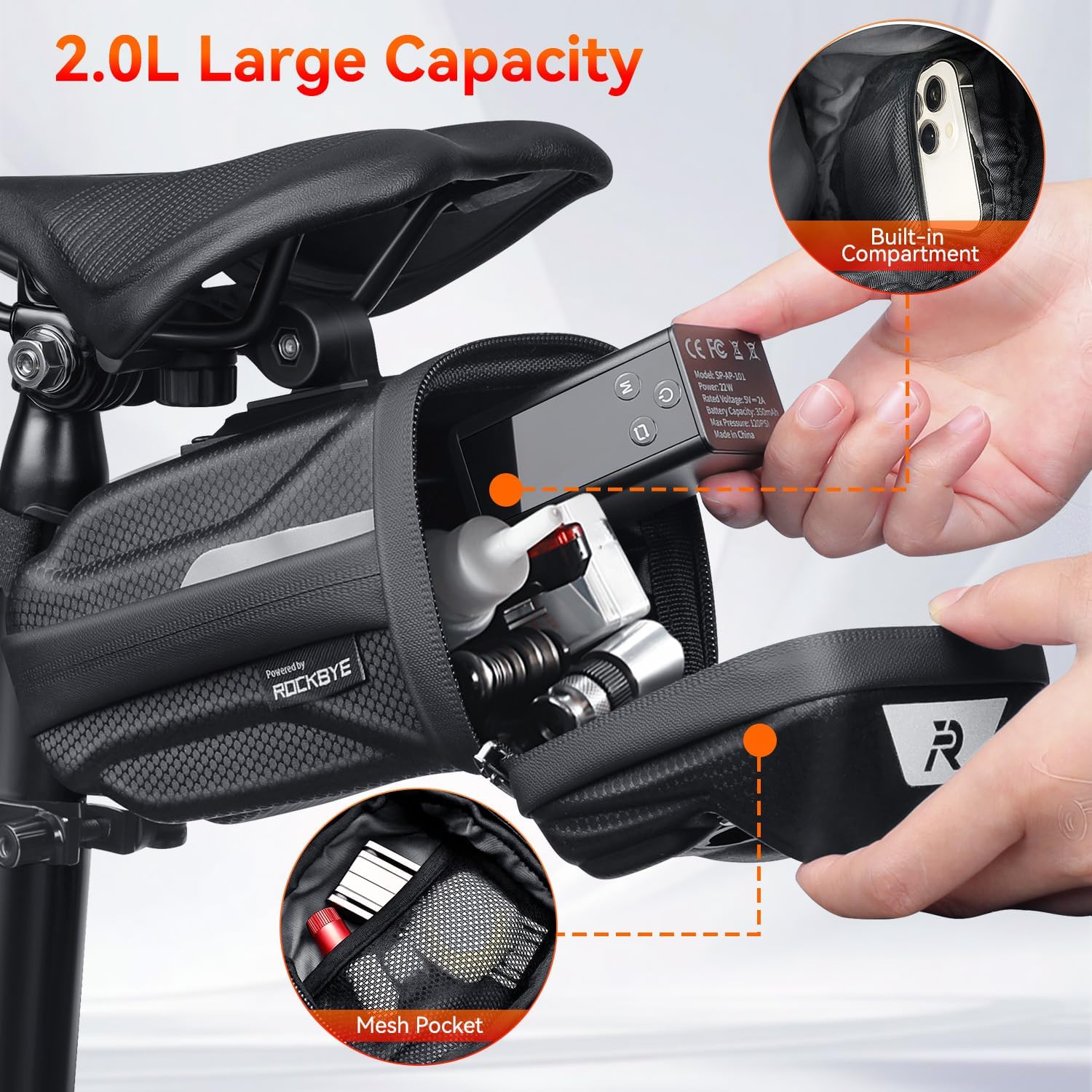 YBLNTEK Bike Saddle Bag with Rear Bicycle Light, 2.0L Waterproof Bike Seat Bag, 3D Hard Shell Bikes Pouch Cycling Wedge Pack Accessories for Road Mountain Bikes