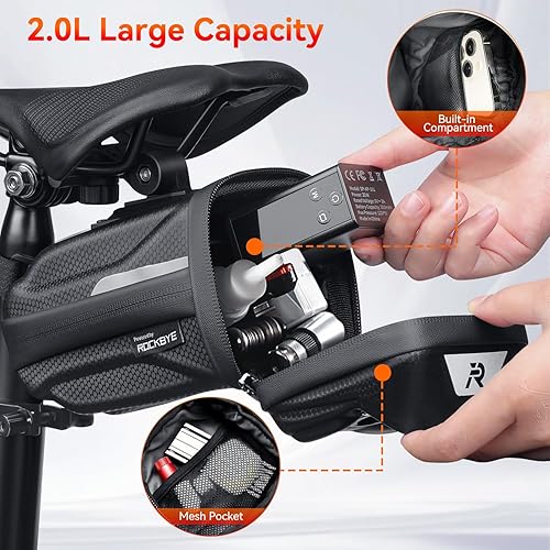 Miniatura 2 de YBLNTEK Bolsa de sillín de bicicleta con luz trasera para bicicleta, bolsa de asiento de bicicleta impermeable de 2.0L, bolsa de bicicleta rígida