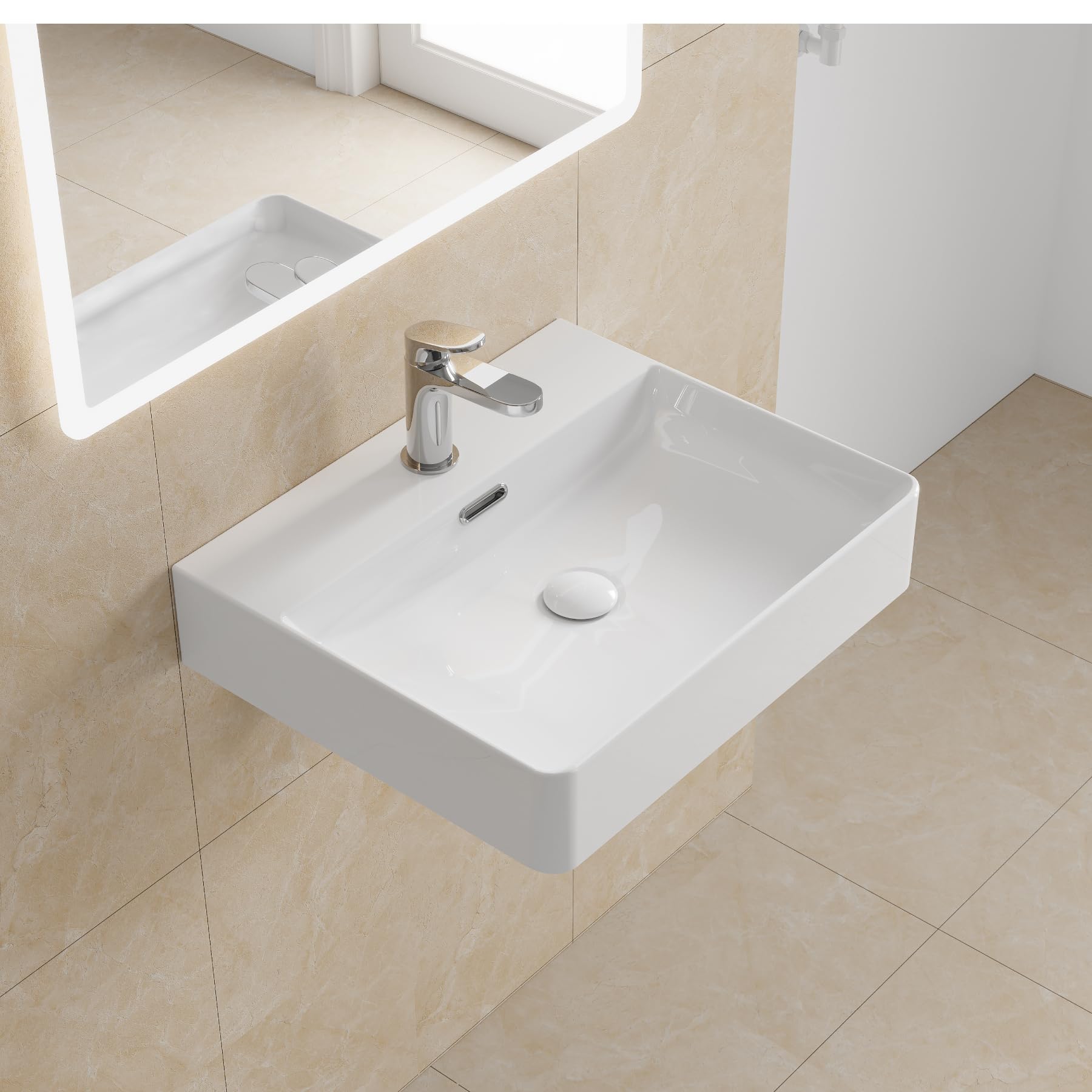 HOROW Lavabo da Bagno 50 cm in Ceramica con Scarico a Scatto