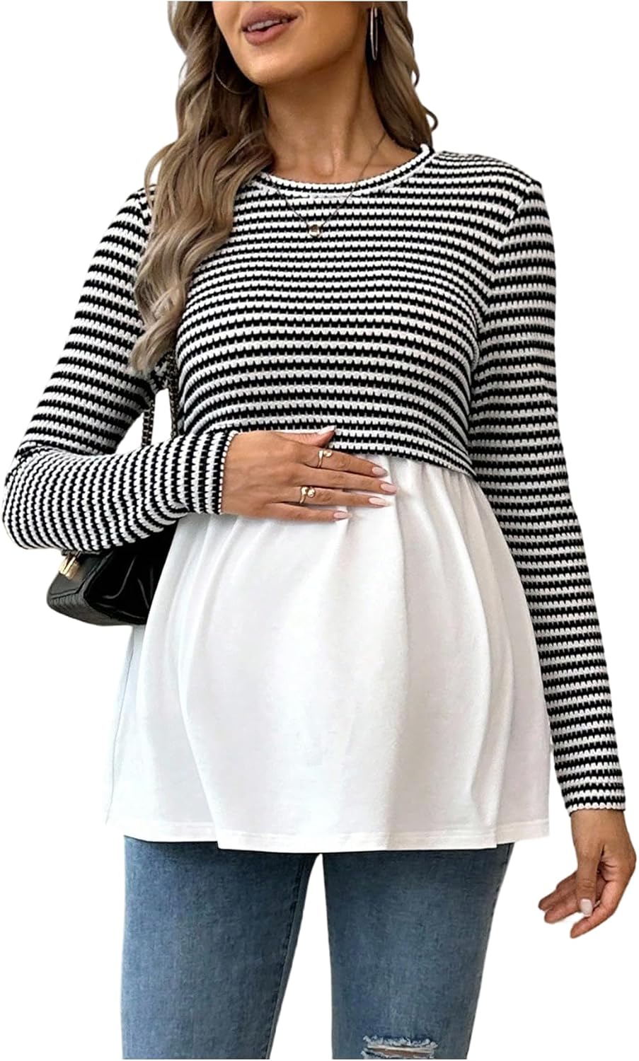 MakeMeChic Women’s Spring Maternity Tops Striped Long Sleeve Flared Pregnancy Tee Shirt