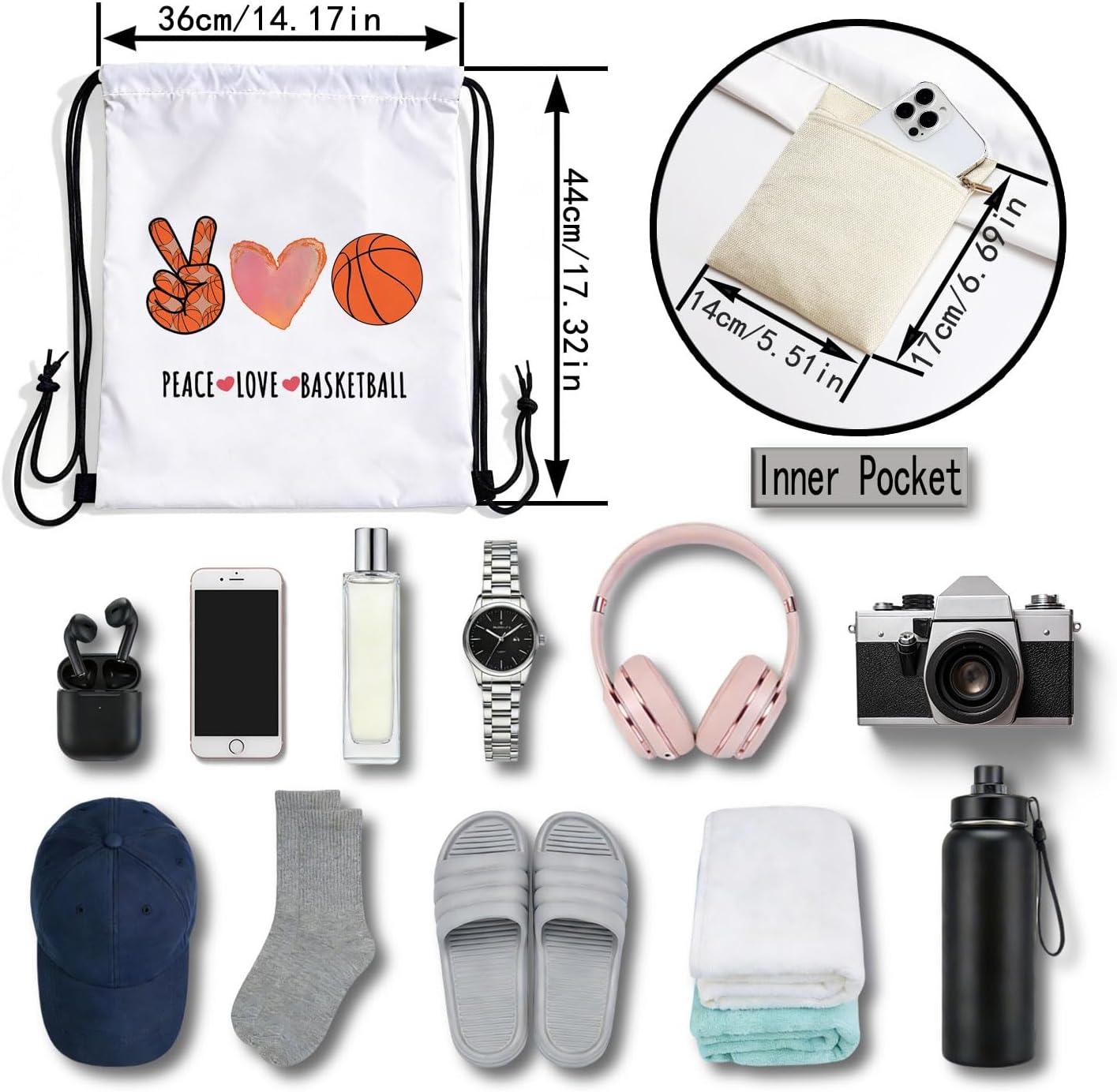 Peace Love Basketball Dual-Sided Print Drawstring Bag image 2