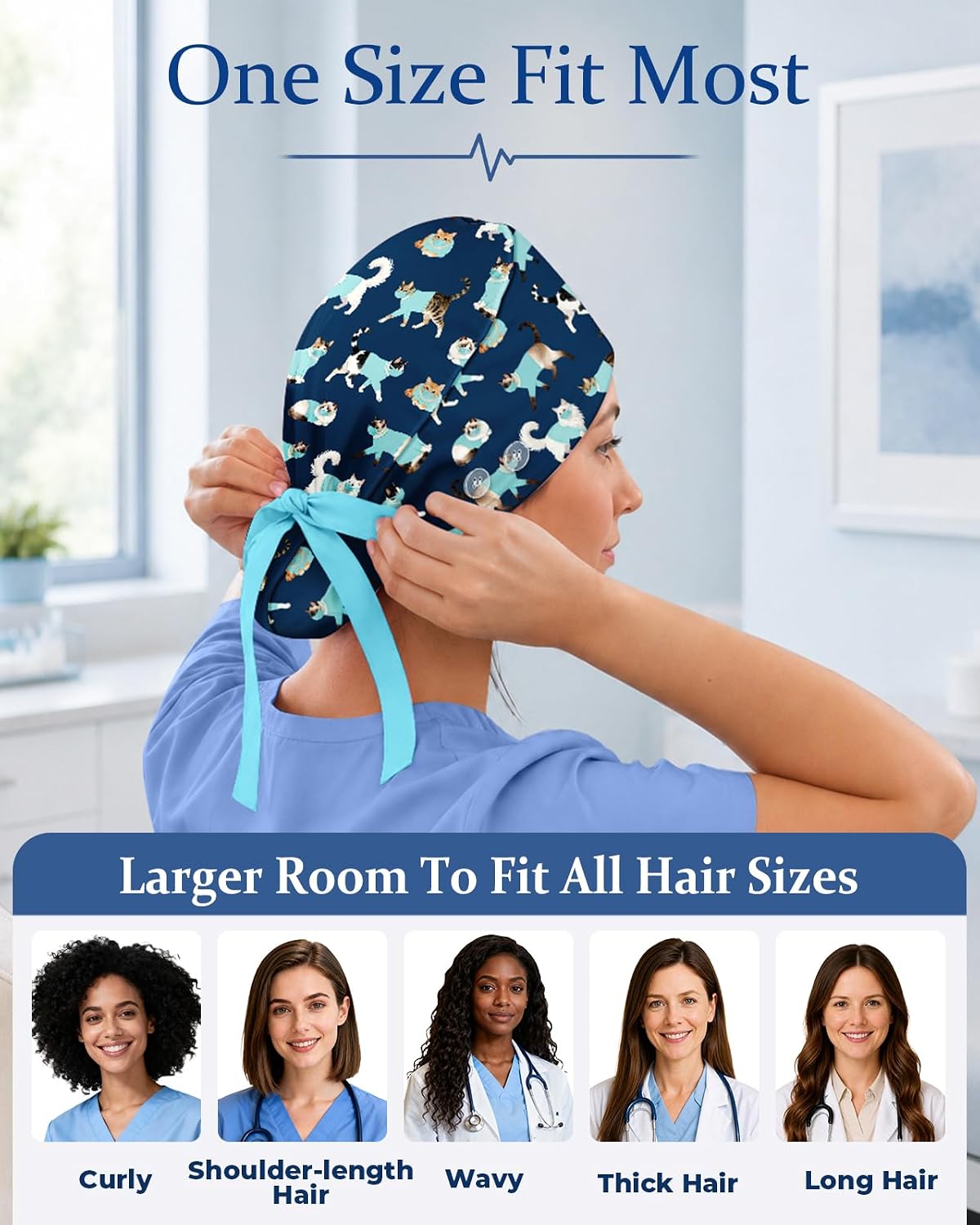 Plifal 100% Cotton Adjustable Ponytail Scrub Cap with Buttons & Sweatband