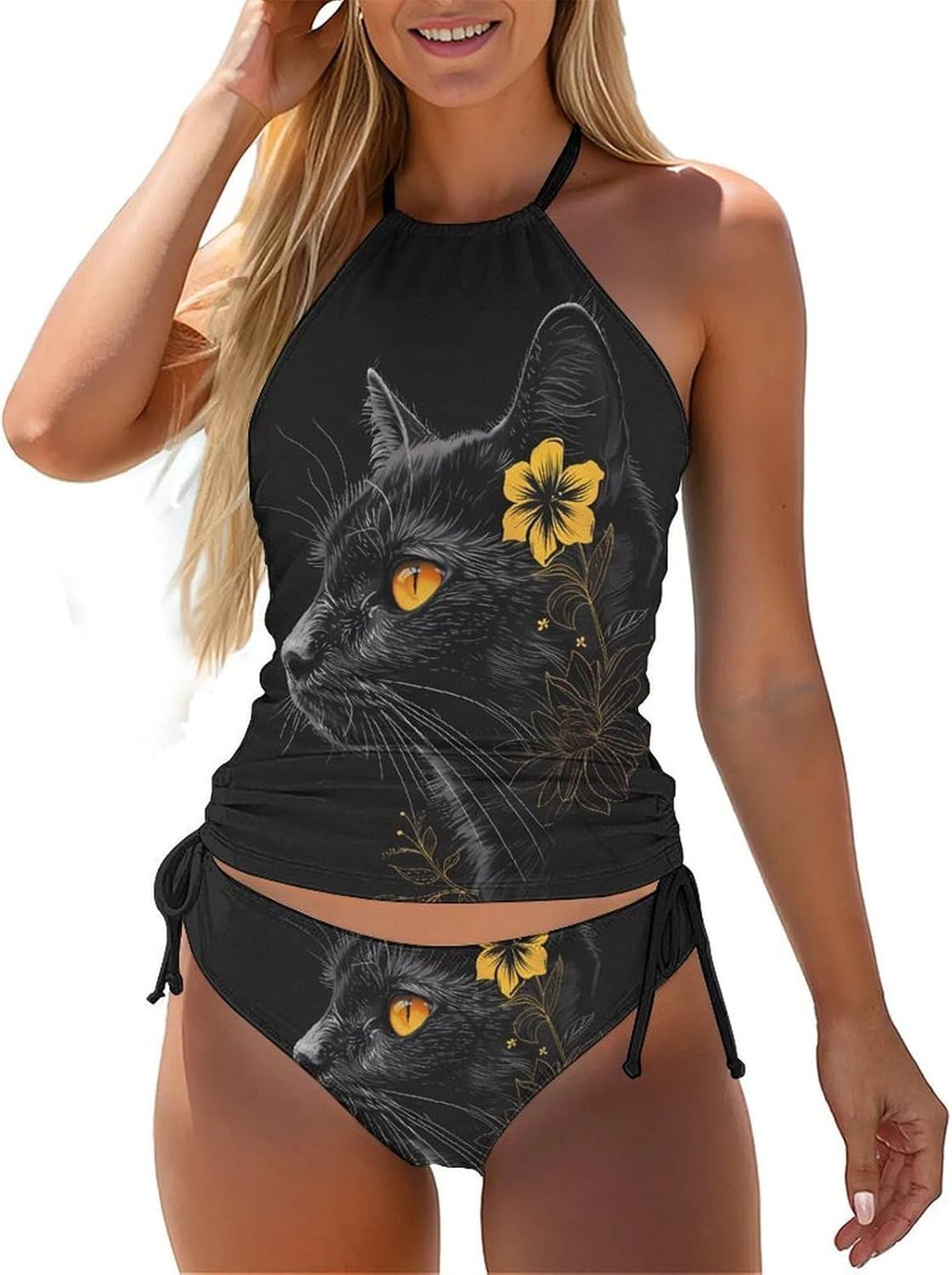 Black Cat with Yellow Eyes & Flower Funny Women's String Swimwear Set 2 Pcs Tankini Swimsuits Bathing Suit