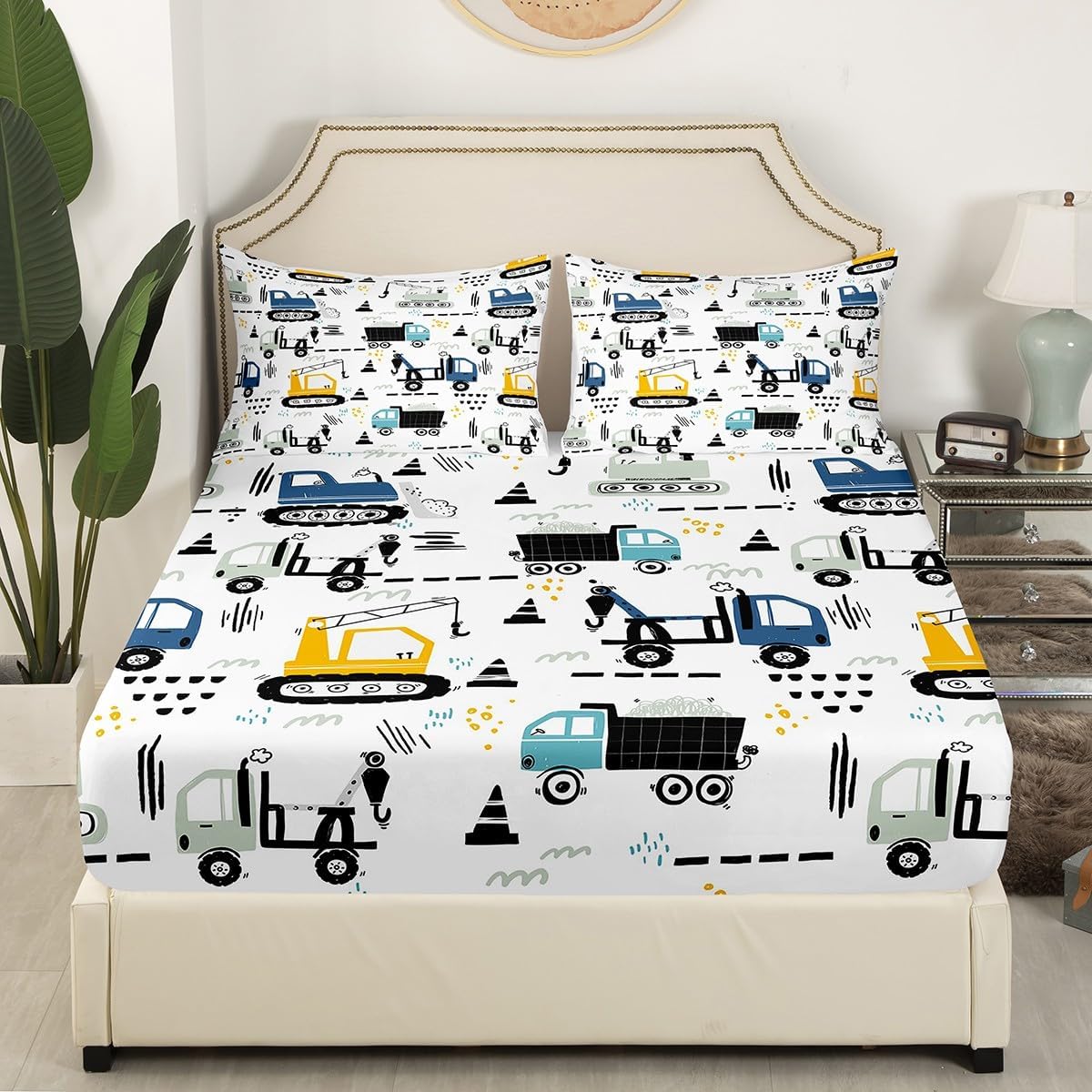 Construction Truck Bed Sheets Full,Cartoon Tractor Fitted Sheet Excavator Bed Set,Cute Vehicle Toddler Bedding Set Kawaii Room Decor,Teal Blue