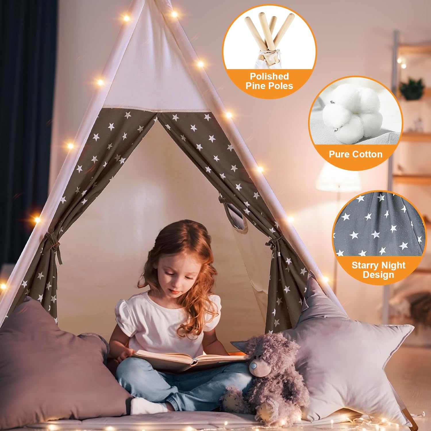 Teepee Tent for Kids Indoor - Kids Tee Pee Tent with Light & Flag, Cotton Foldable Toddler Teepee Outdoor, Sleepover Party Toy Gift for Girls Boys, Child Play House Room Decoration