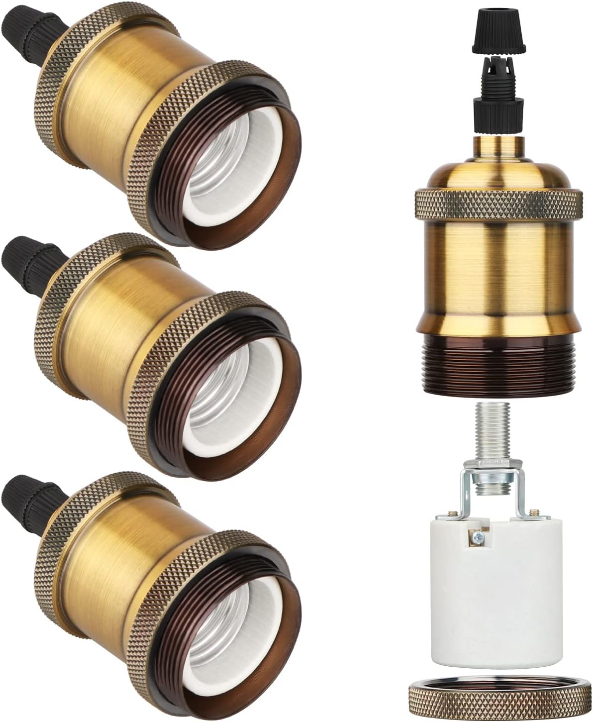 E27 Lamp Holder, 4 Pcs E27 Bulb Holder, Brass Vintage Socket Light Bulb Holders, Ceramic Rated 4A 250V, for DIY Pendant Ceiling Hanging Light Retro Style Edison Screw Lamp Holders Adaptor