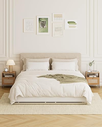 Miniatura 8 de Mesita de noche extragrande de ratán, moderna mesita de noche bohemia de madera con cajón de almacenamiento y estante abierto, mesa auxiliar grande