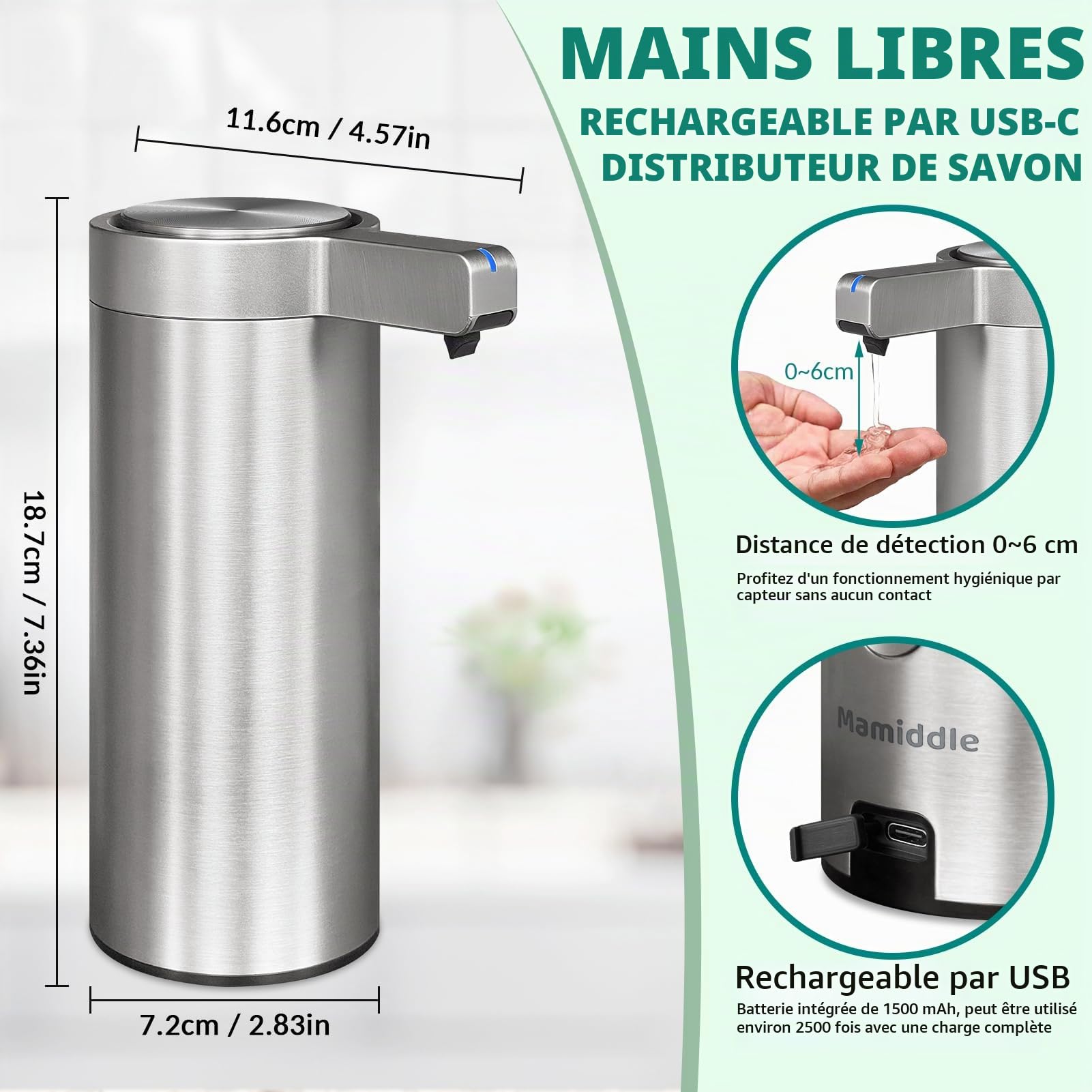 Distributeur de Savon Automatique en Acier Inoxydable avec Capteur Infrarouge 9 oz. Distributeur Électrique Étanche IPX5 Rechargeable USB-C pour Cuisine & Salle de Bain (Argent)