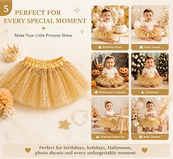 Baby Girls Gold Tutu Skirt, 3 Layer Sparkly Sequin Tulle Tutu for 3-12 Months (One Size), Infant Toddler Birthday Halloween Party Princess Dress Up Outfit Cake Smash Photo Props