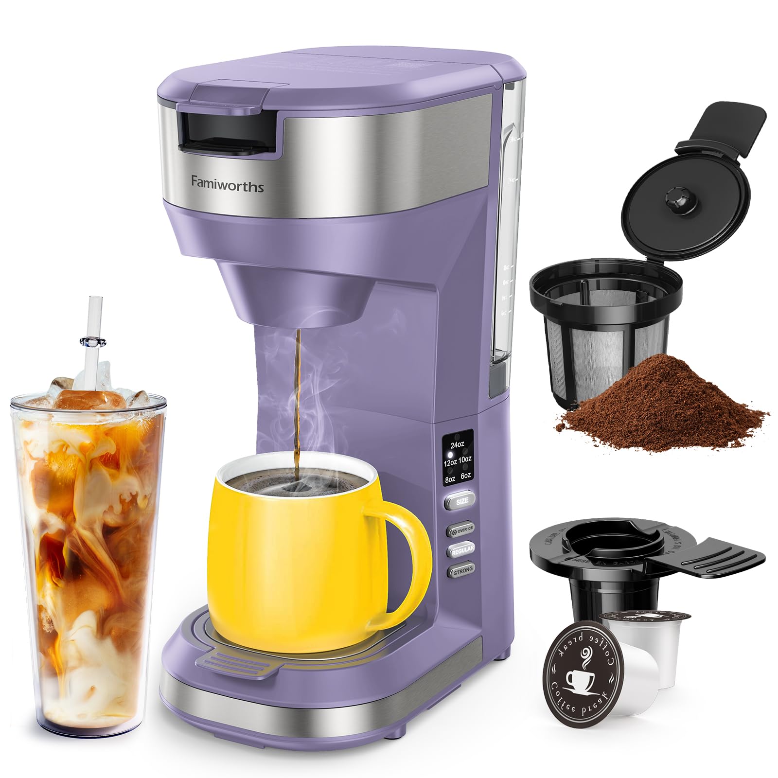 Famiworths Hot and Iced Coffee Maker for K Cups and Ground Coffee, 4-5 Cups Coffee Maker and Single-serve Brewers, with 30Oz Removable Water Reservoir, 6 to 24Oz Cup Size,Lavender