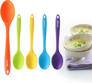 VITUER 5PCS Silicone Serving Spoons Set - Heat Resistant, Dishwasher Safe Multicolor Kitchen Spoons for Cooking Mixing Serving