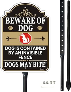 Beware of Dog Signs, Dog Contained by an Invisible Fence Sign with 34.6" Stake for Yard, 12” x 8” Warning Dogs Sign with Stake, Rust-Free Aluminum, Weatherproof, Easy Installation, 1 Pack