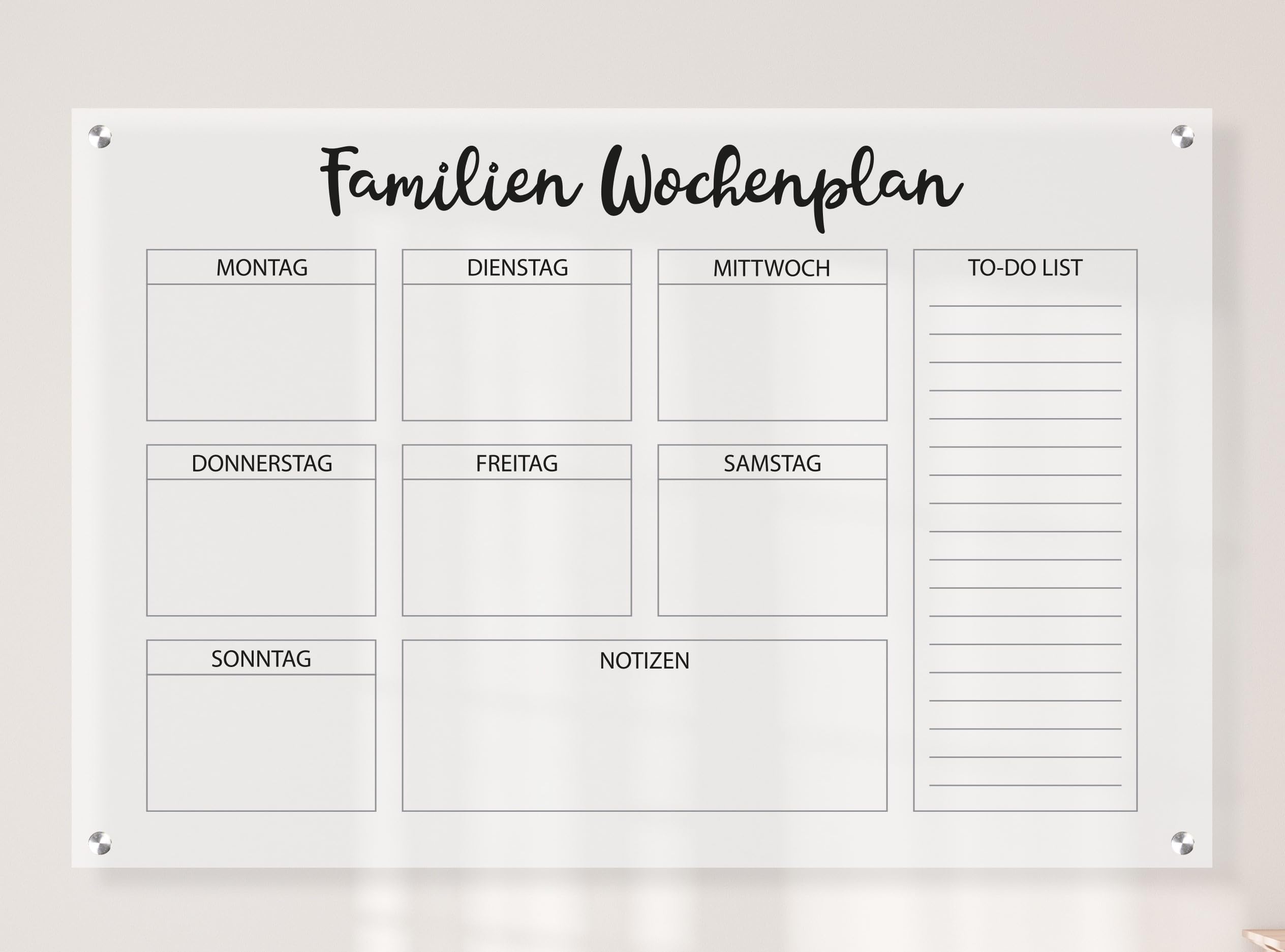 Queence Acrylglas Wochenplaner abwischbar 90x60 cm | Wochenplan transparent | Geburtstags-Kalender | wiederverwendbar | Familienplaner | Notizen | Terminkalender | Wandkalender | Monatskalender