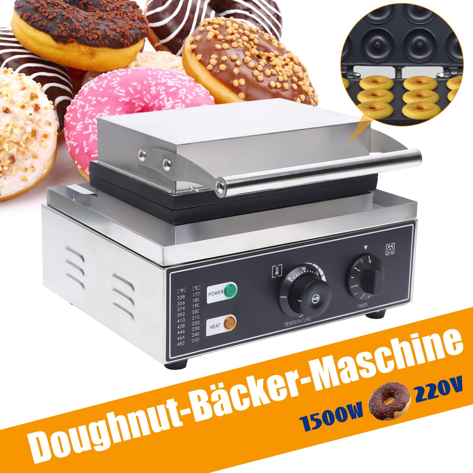 Lot de 12 machines à donut 220 V 1550 W en acier inoxydable antiadhésif contrôle de la température 50-300 °C Chauffage rapide 1 à 5 minutes Idéal pour les fêtes, cafés, salons de thé