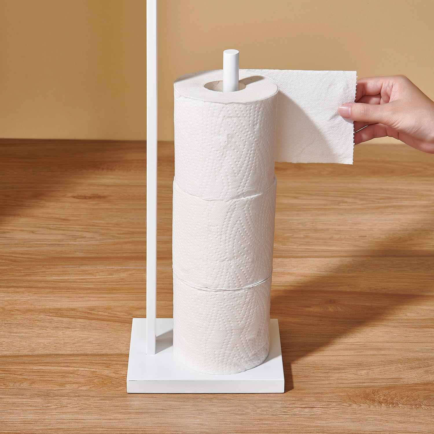 Free Standing Toilet Paper Holder with Reserve, SUS 304 Stainless Steel Bathroom Tissue Paper Roll Dispenser Stand with Storage (White)