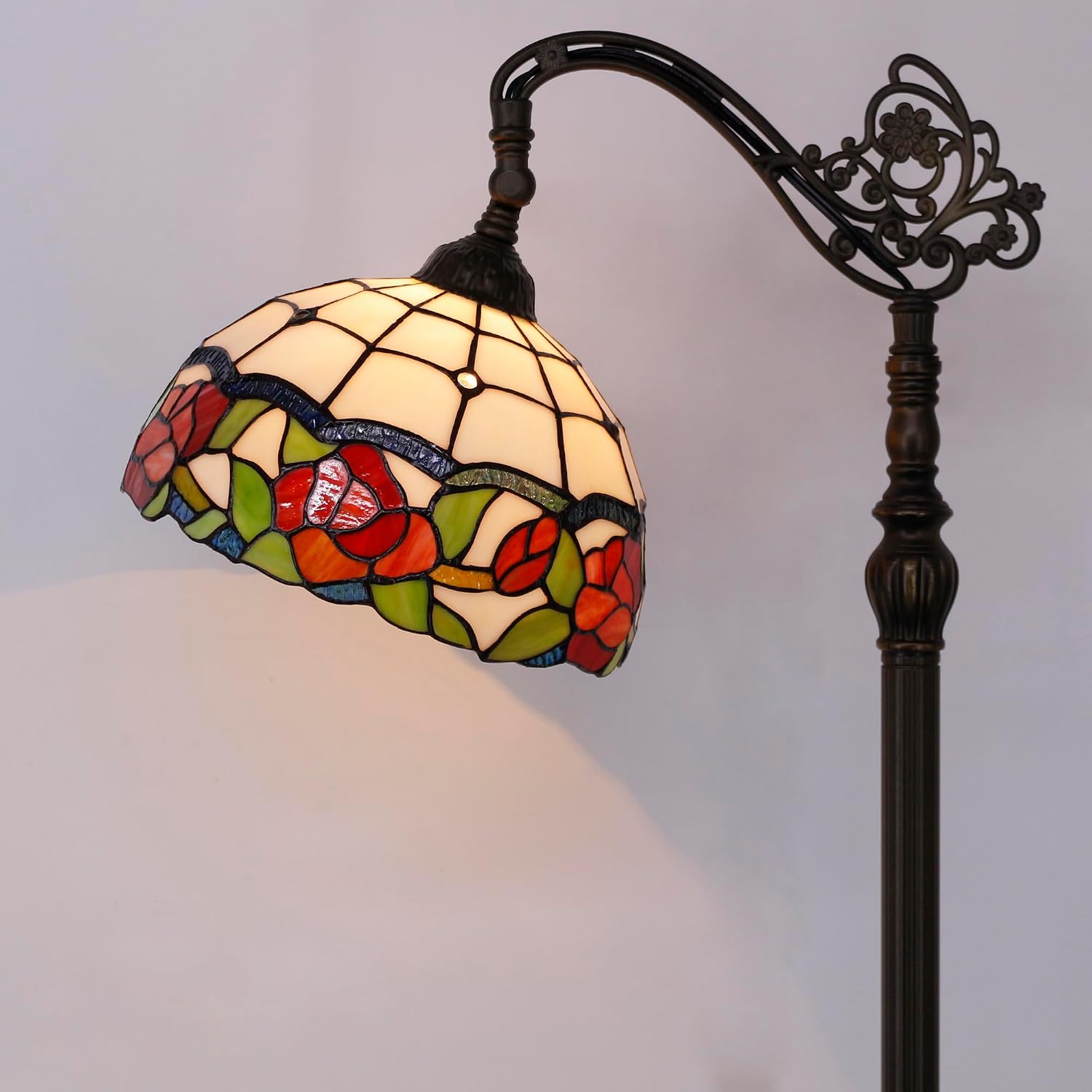 Tiffany Floor Lamp Stained Glass Rose Flower Style Arched Reading Light Gooseneck Adjustable Corner Standing Lamp 12X16X66 Inch for Bedroom Living Room Home Office