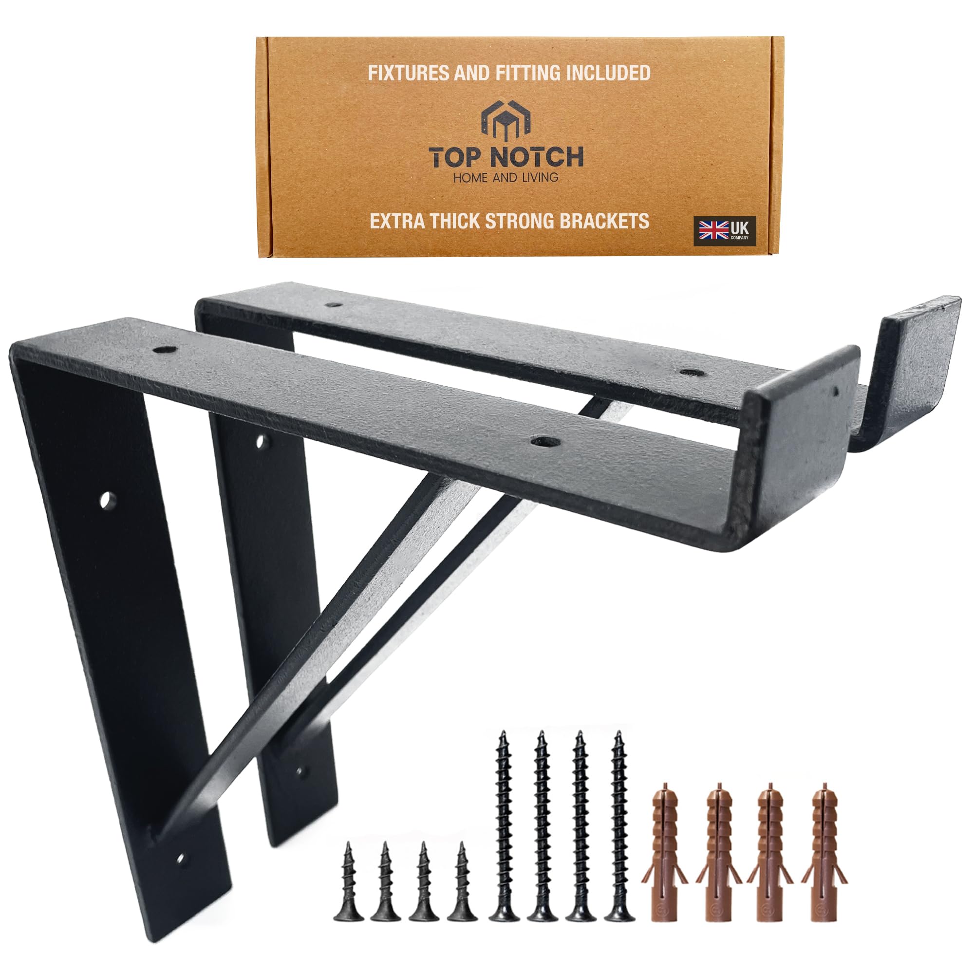Top Notch Home and Living Heavy Duty Metal Shelf Brackets | Steel Bracket for Wooden Wall Shelves | Support 40kgs | Hardwearing | Incl Fixtures & Fittings (Black, Pack of 2 Support Brackets)