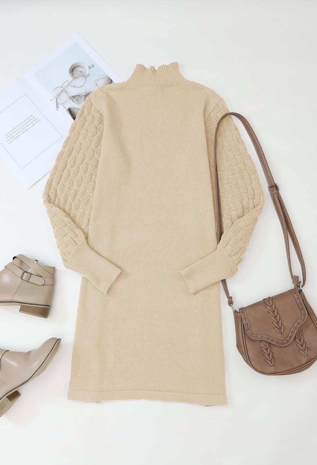 HUUSA Winter Dresses for Women 2025 Fall Puff Long Sleeve Sweaters Loose Mock Neck Outfits Sexy Mini Dress Going Out - Image 8