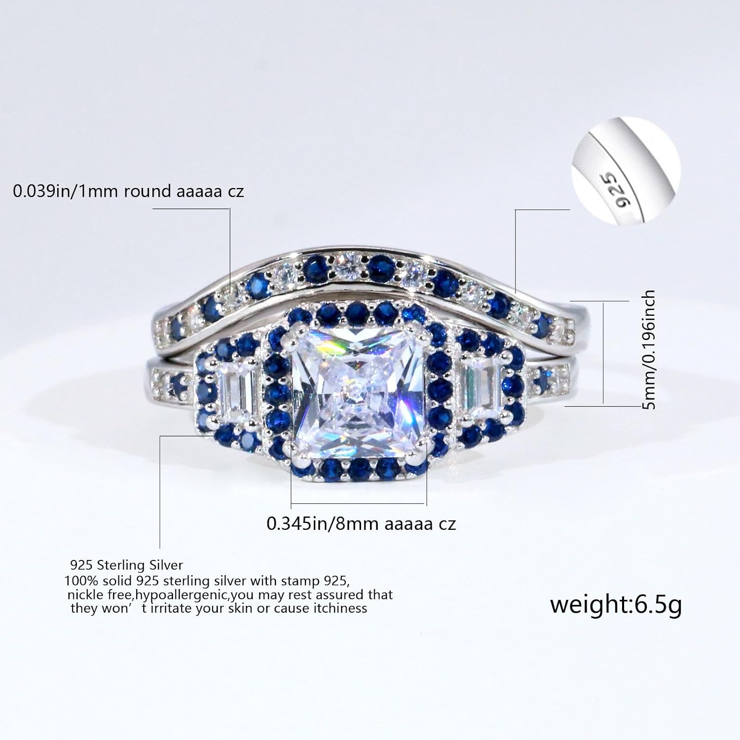 Adjustable size White and Blue Wedding Ring Sets for Women Princess 1ct CZ S925 Sterling Silver Engagement Ring