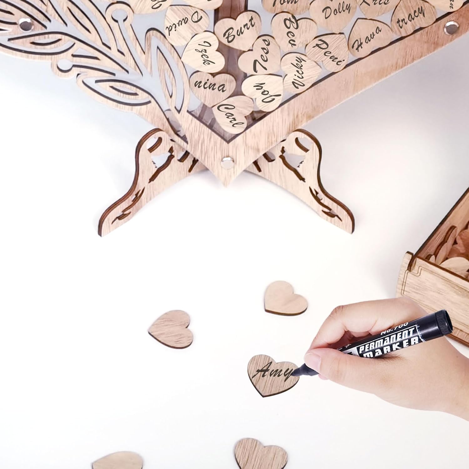 Heart Wedding Guest Book Alternative, Acrylic Guest Book Wedding Reception with 100pcs Wooden Hearts and Drop Box, Rustic Wood Wedding Sign Decor for Reception and Ceremony Party
